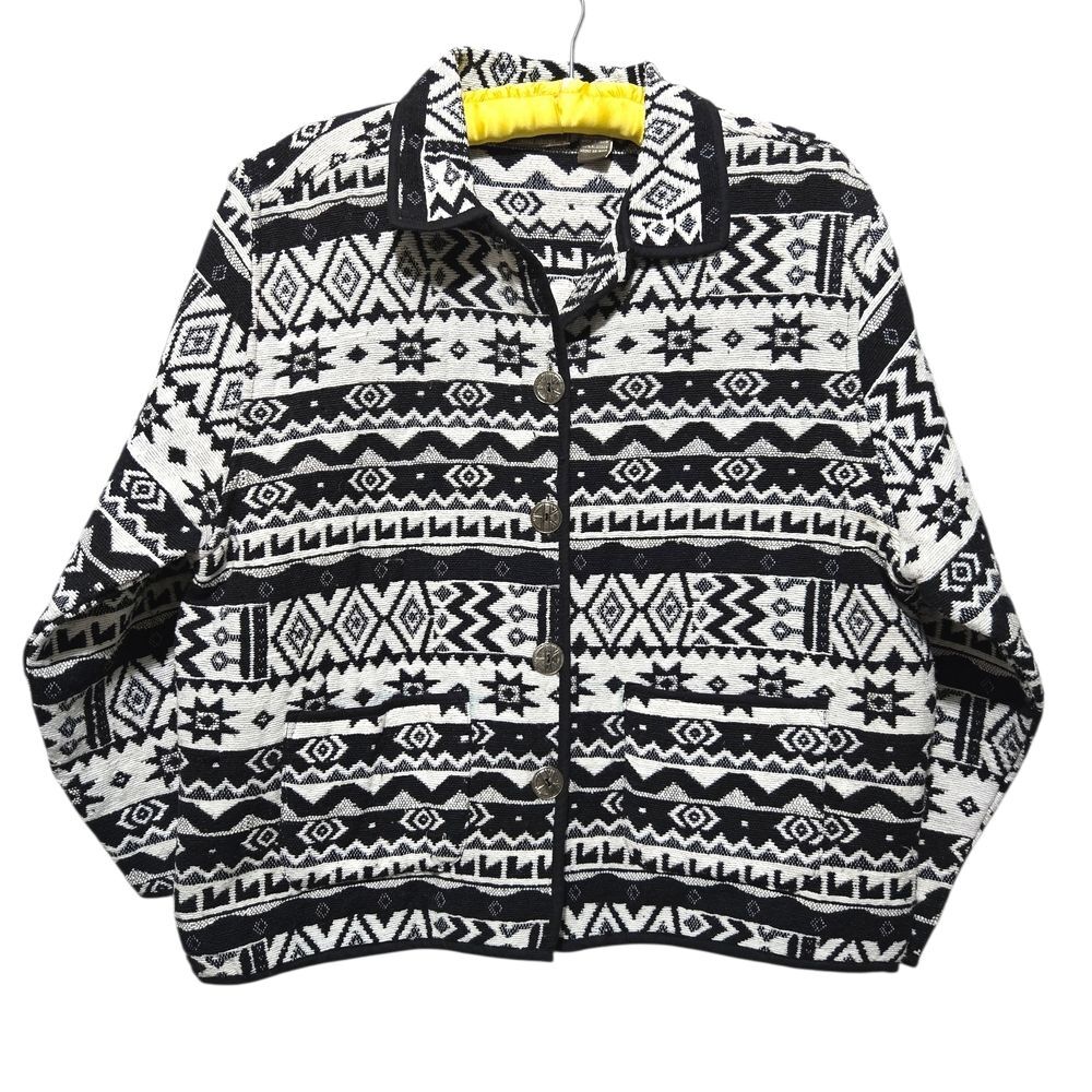 Vintage Jane Ashley Black and White Aztec Southwestern Woven Tapestry Jacket Lg